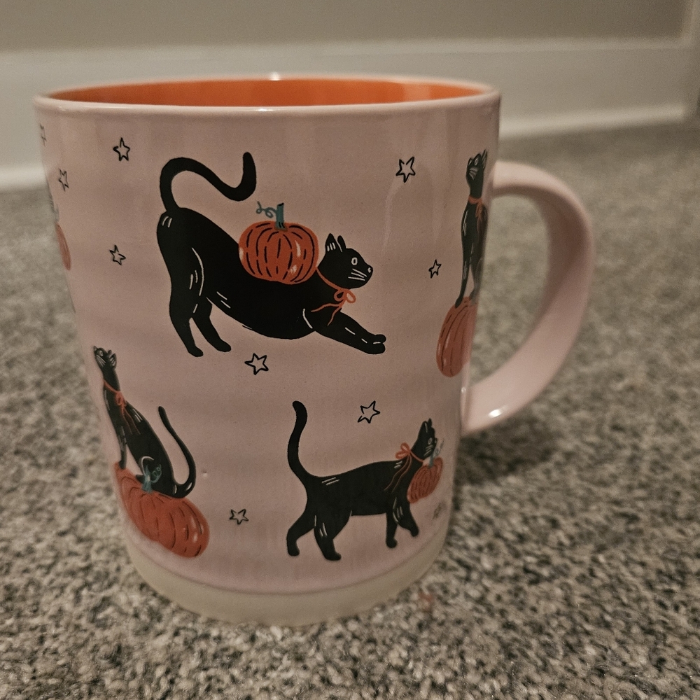 Pink Mug Black Cat & Pumpkin Design Halloween